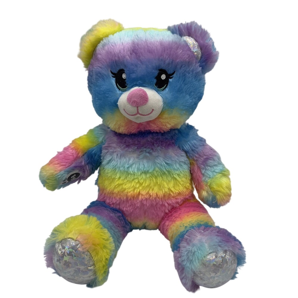Build A Bear Rainbow Sparkle Teddy  16" Silver Metallic BAB Plush Stuffed Animal